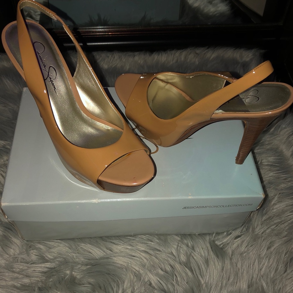 Tan Patten Leather Open Toe Stilettos